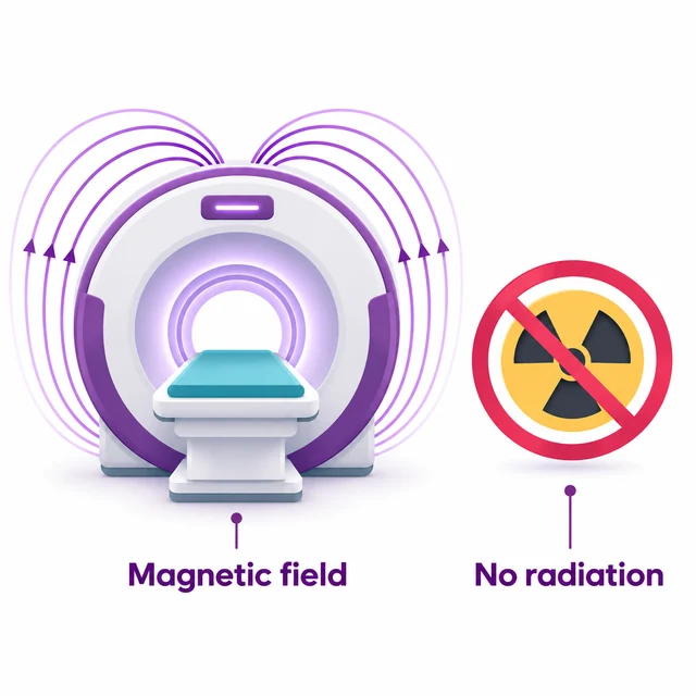 Diagram showing an MRI scan uses a magnetic field and no ionising radiation - CION Cancer Clinics