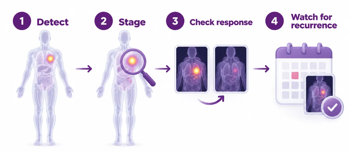 Four-panel sequence showing where a PET-CT scan is used across cancer care: detect, stage, check response and watch for recurrence - CION Cancer Clinics