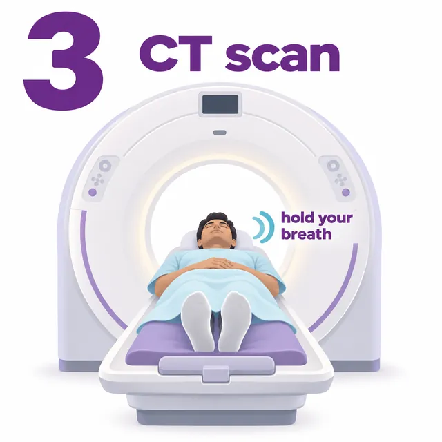 Illustration of a patient on the scanner table during the CT part of a PET-CT scan - CION Cancer Clinics