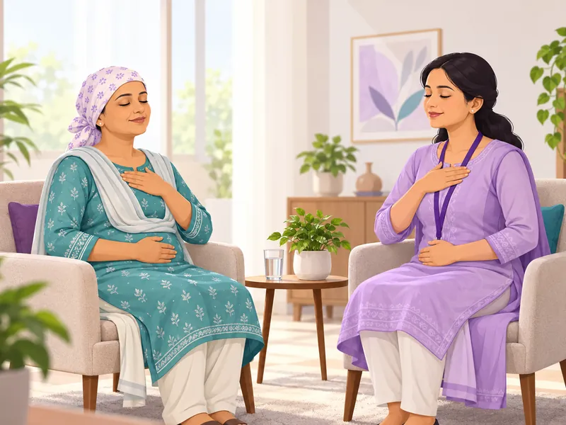 A patient practising slow breathing with a counsellor in a calm room