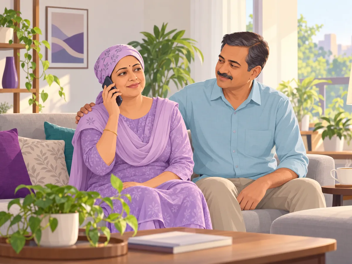 A patient on the phone booking a counselling session, with her husband beside her