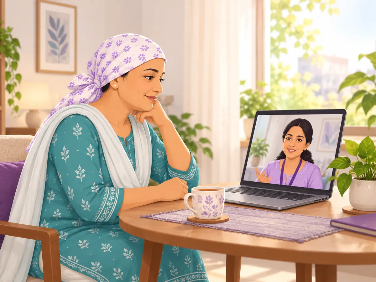 A patient at home in a video session with her counsellor
