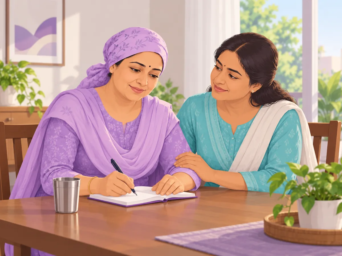 A patient writing down her support plan with a family member beside her