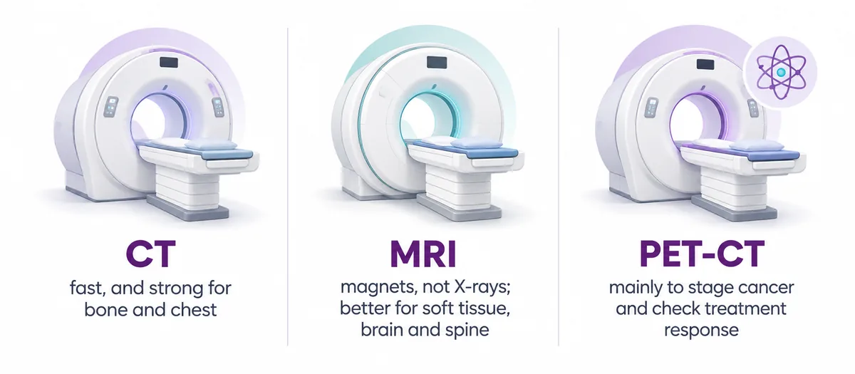 Three-panel comparison of what CT, MRI and PET-CT scans are each used for - CION Cancer Clinics