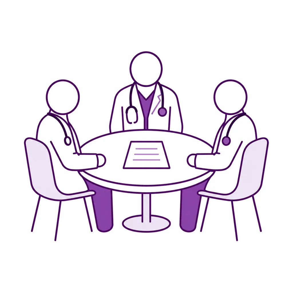 Three specialists reviewing one case together around a table