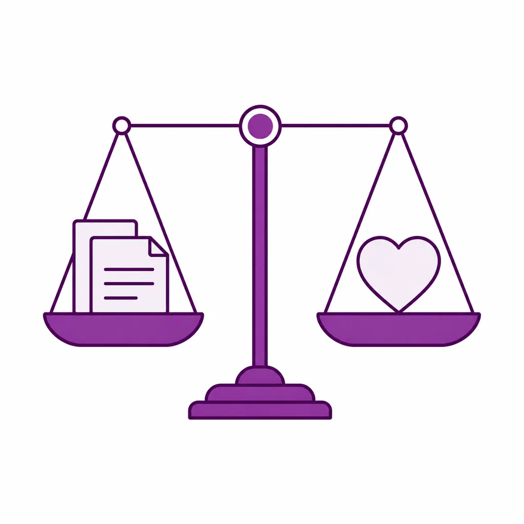 A balance scale weighing paperwork against patient care