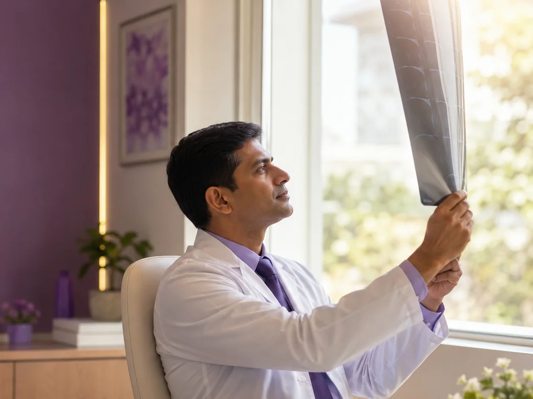 An oncologist reading scans and reports a patient already has