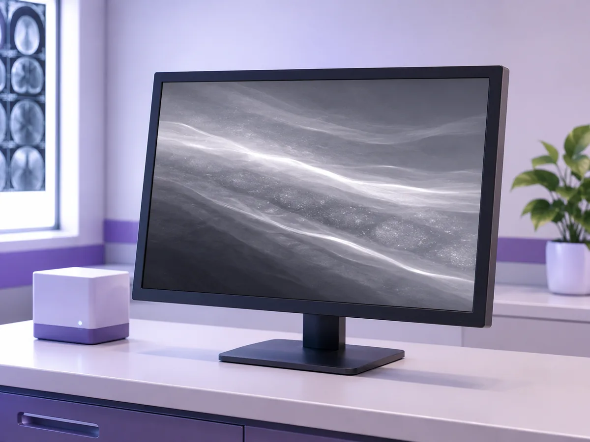 A breast scan on a reporting screen — the size of the tumour relative to the breast is read from the imaging