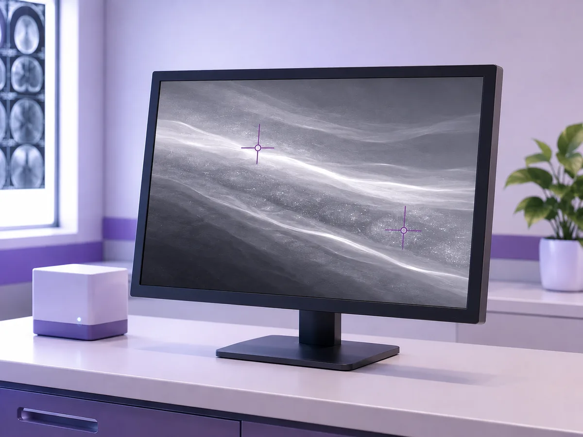 A breast scan marked at two separate points, showing several areas rather than one