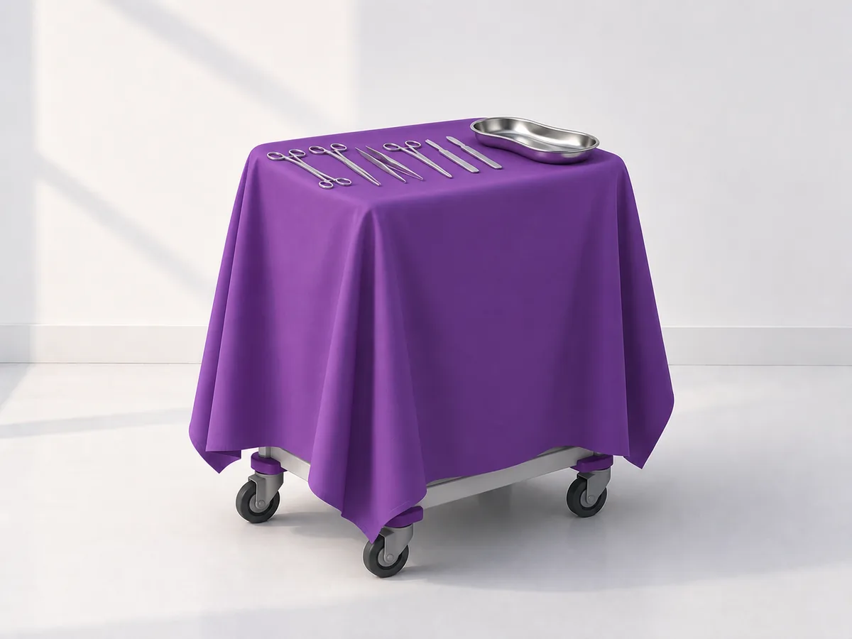 Surgical instruments laid out on a draped trolley, ready for a lumpectomy
