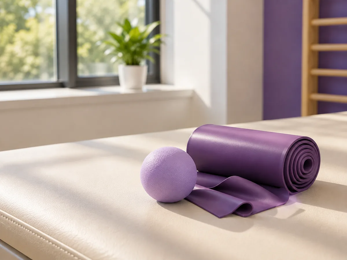 A resistance band and massage ball on a physiotherapy couch, for the shoulder and arm exercises after surgery