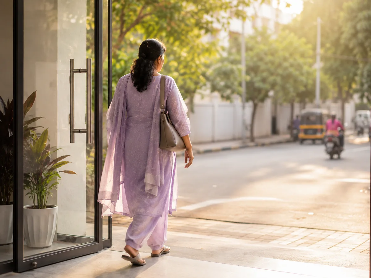 A woman leaving a clinic in Hyderabad, back to ordinary activity after breast cancer surgery
