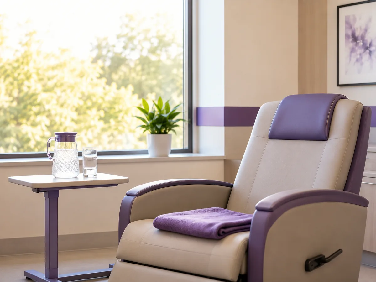 A recliner with a blanket beside a window, where patients rest before going home