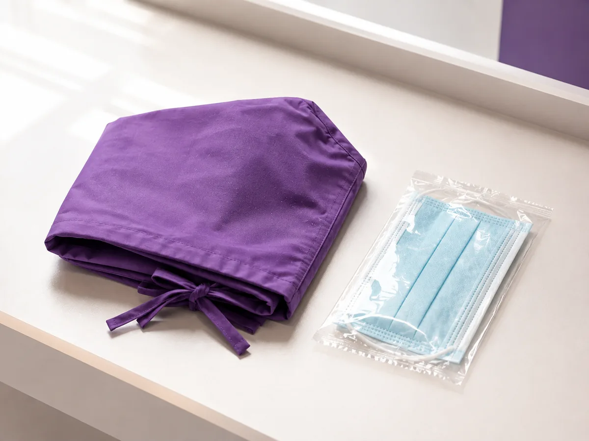 A surgical cap and mask ready for a surgical oncologist