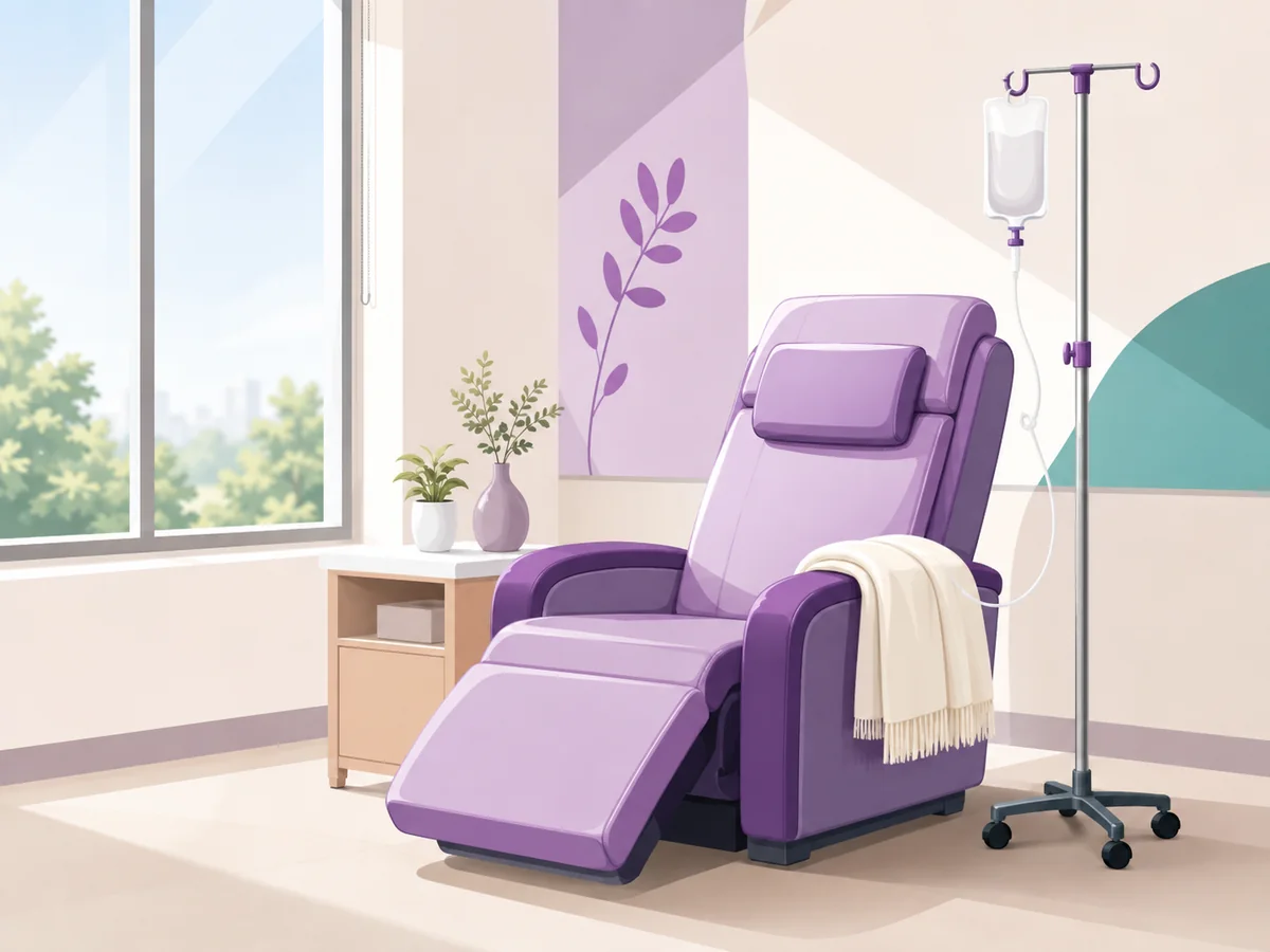 Day-care chemotherapy in a reclining chair, not a ward bed