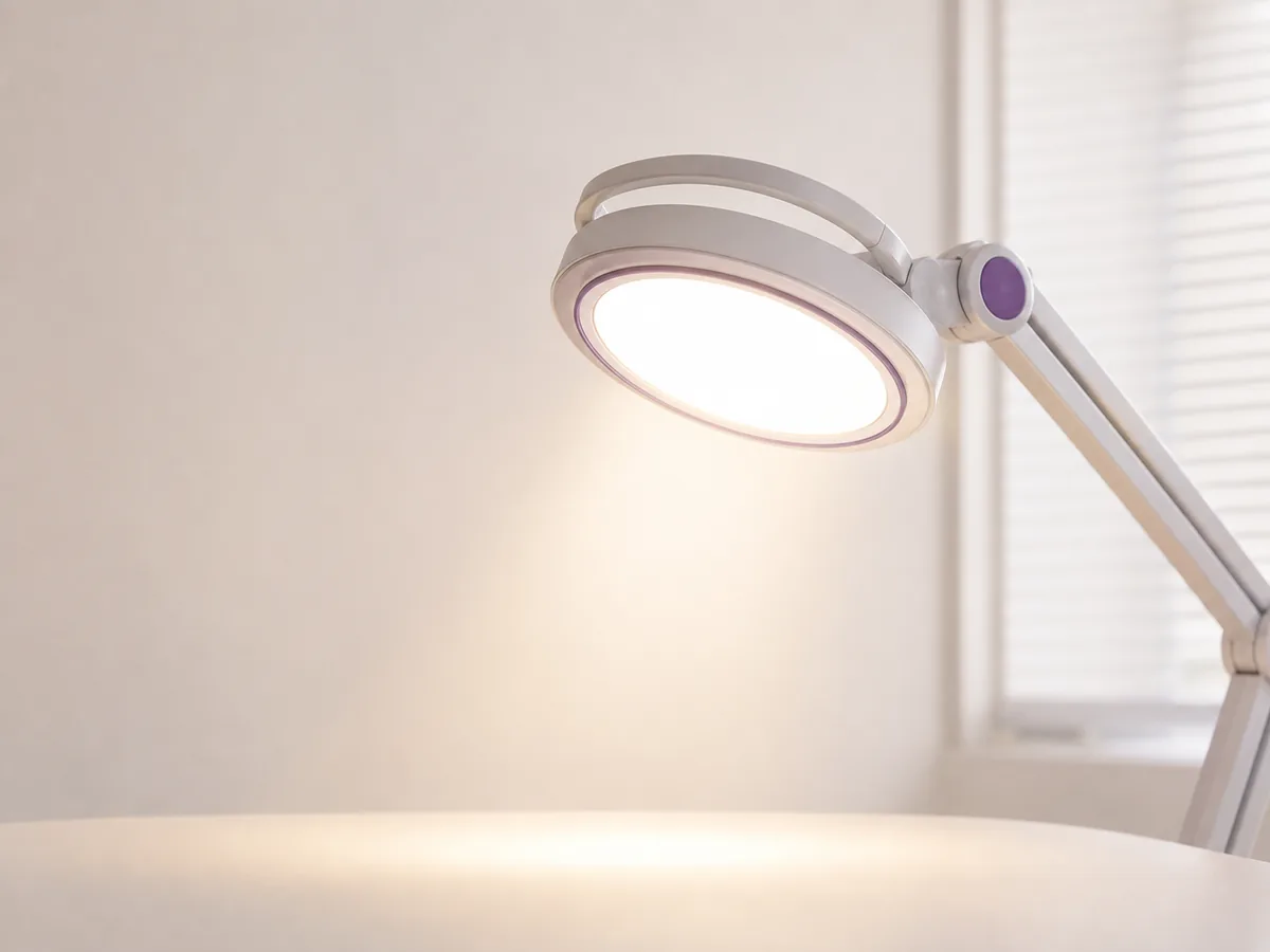 An examination lamp switched on in a clinic room
