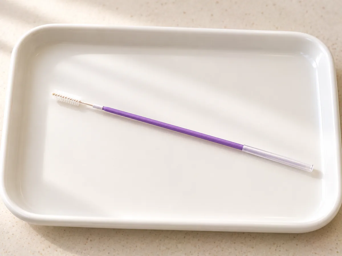 A small soft-bristled sampling brush on a tray