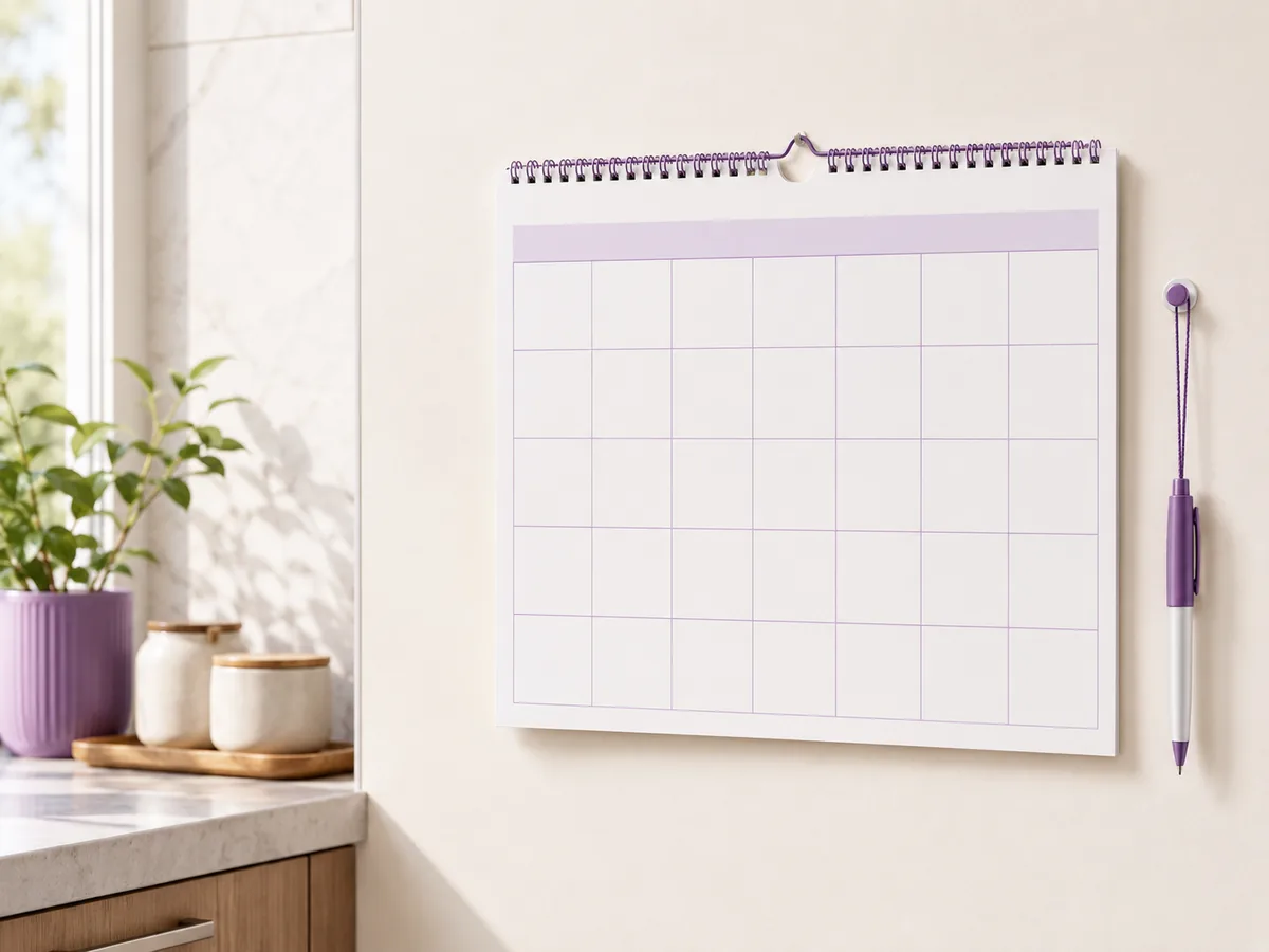 A blank wall calendar beside a kitchen window