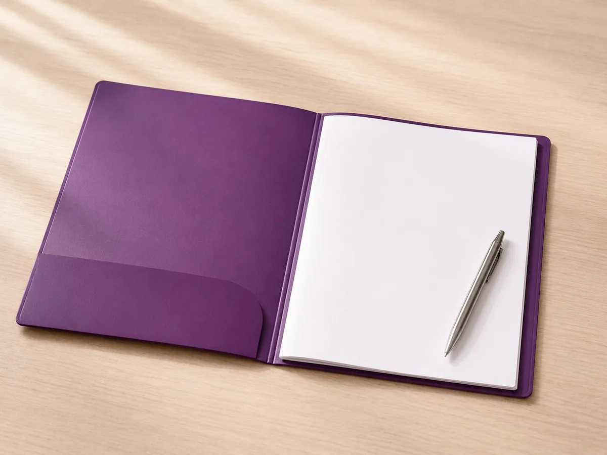An open folder holding blank pages, with a pen