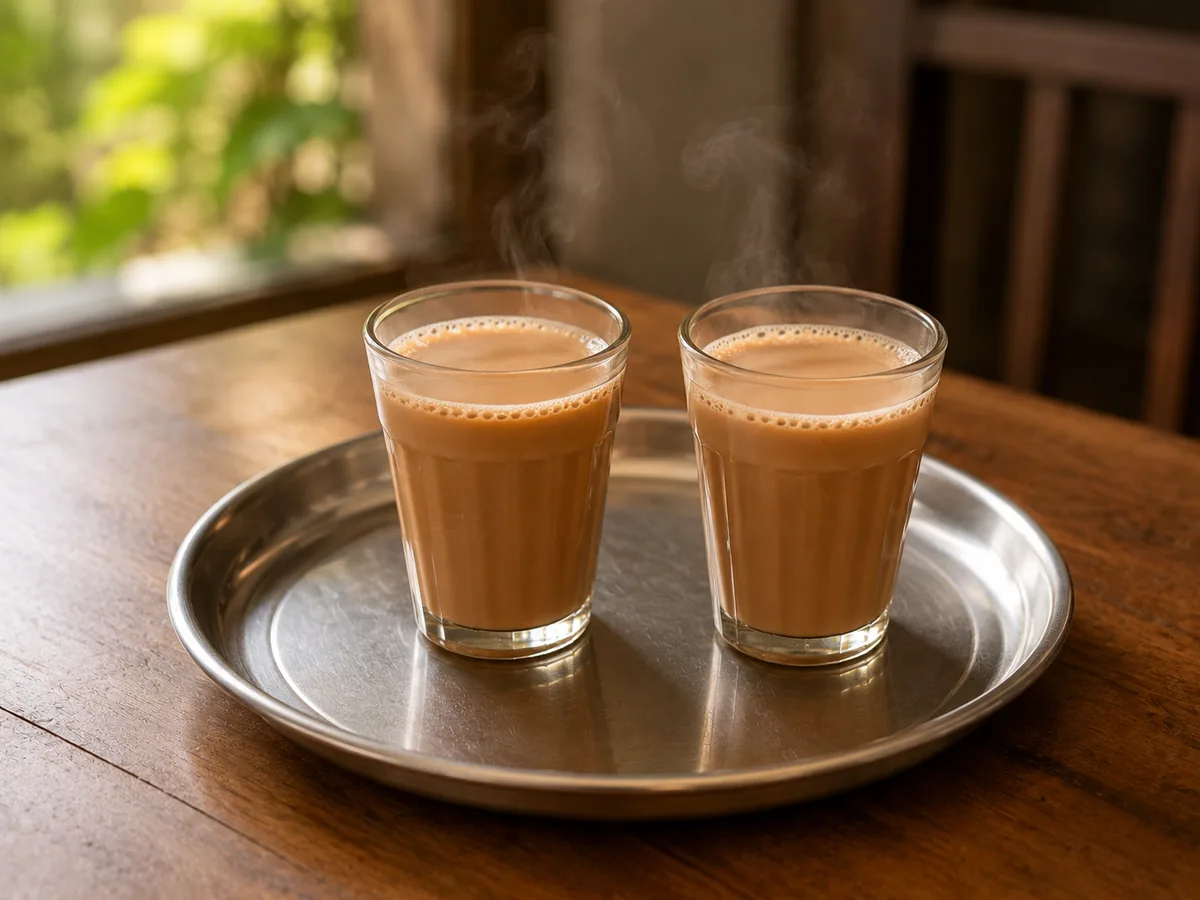 Two glasses of tea side by side on a tray