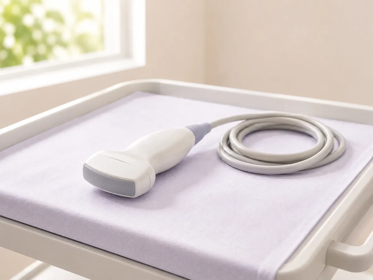 An ultrasound probe at rest on a covered tray