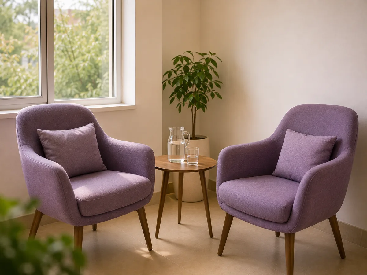 Two chairs drawn up close together in a consulting room