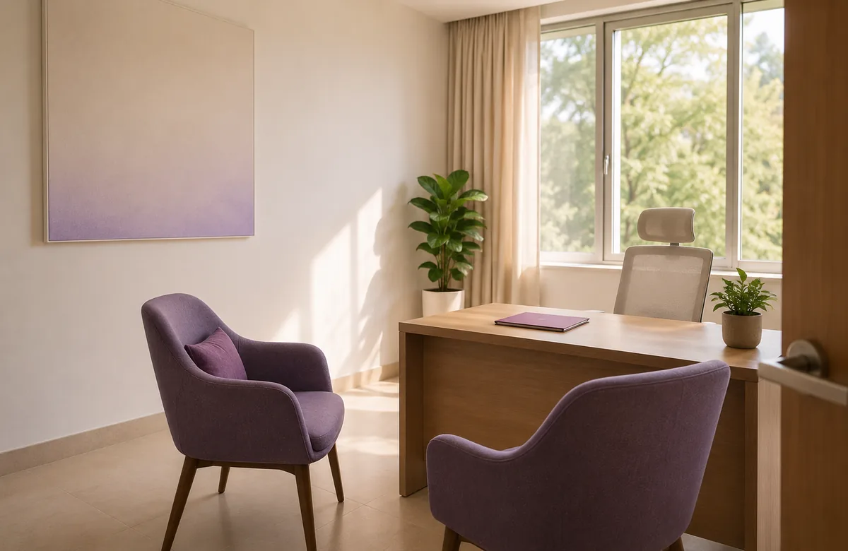 A quiet consulting room with two chairs and a window
