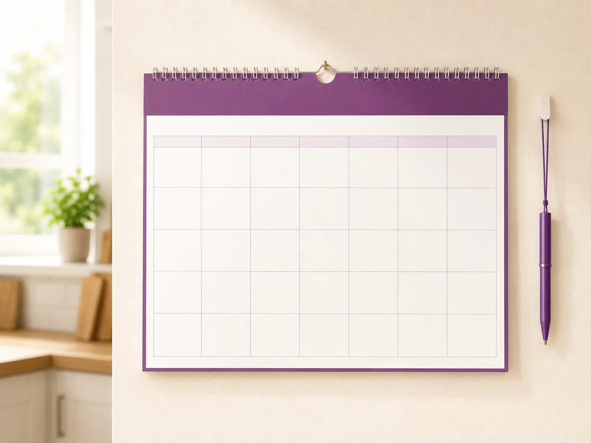 A blank monthly wall planner beside a pen