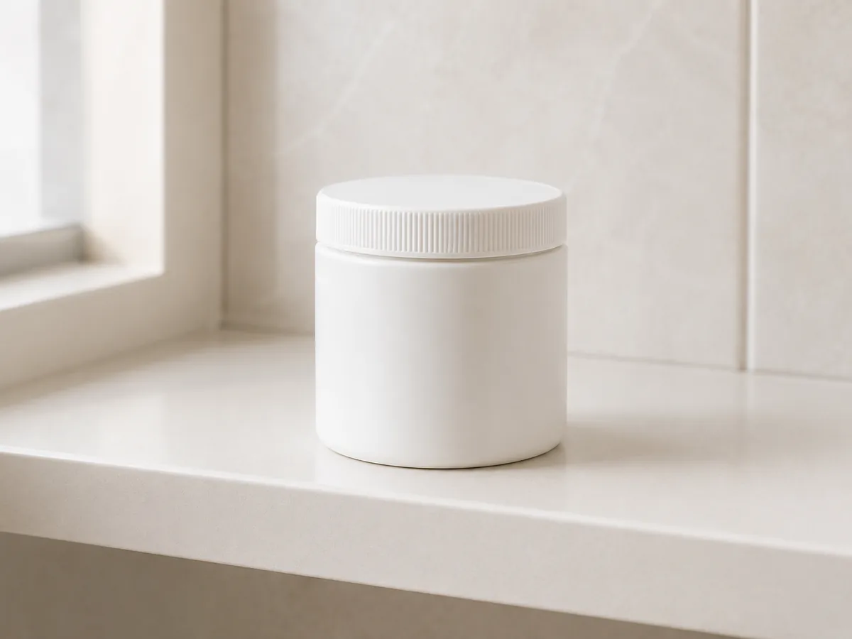 An unopened jar on a bathroom shelf