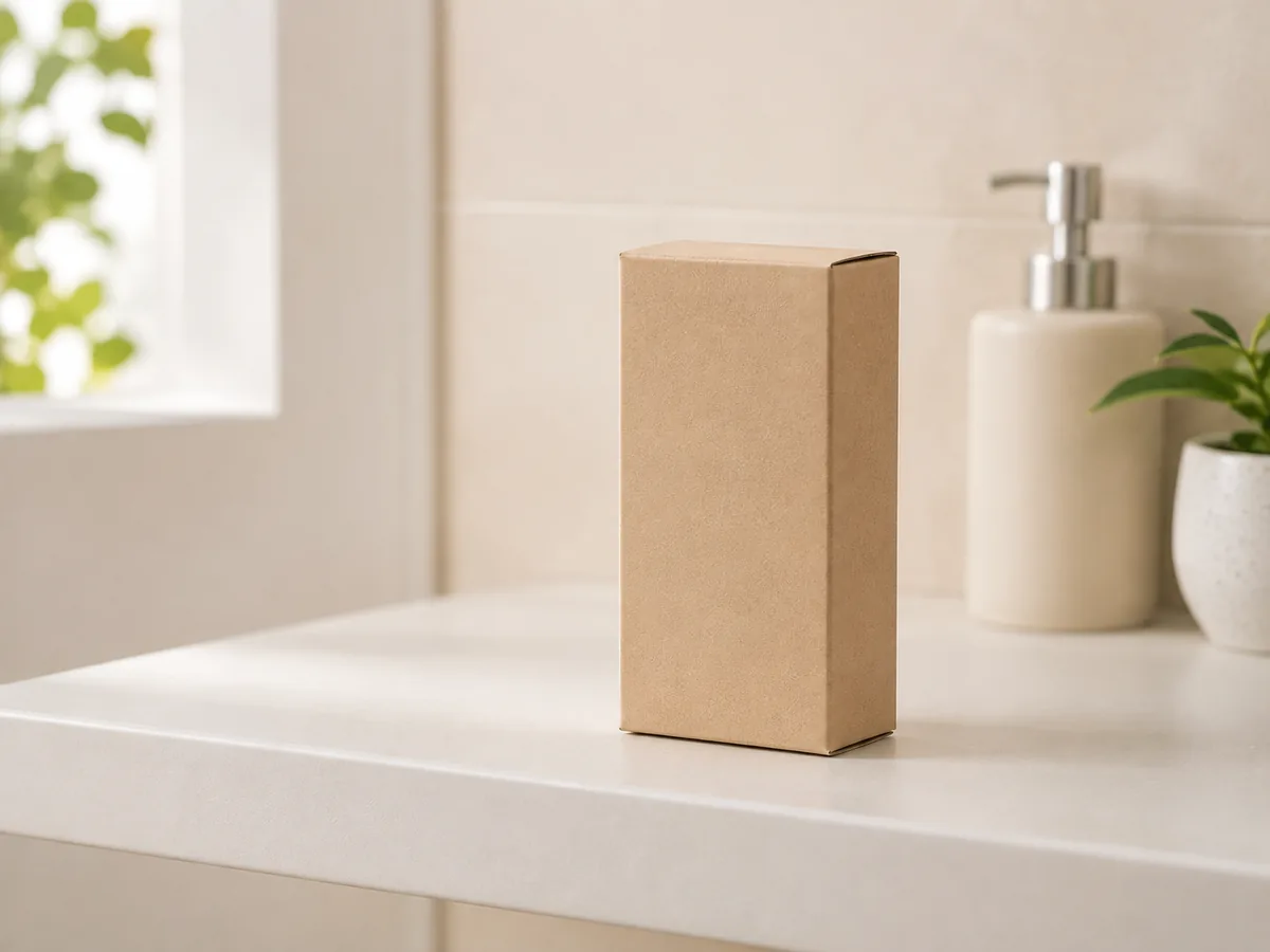 An unopened plain box on a bathroom shelf
