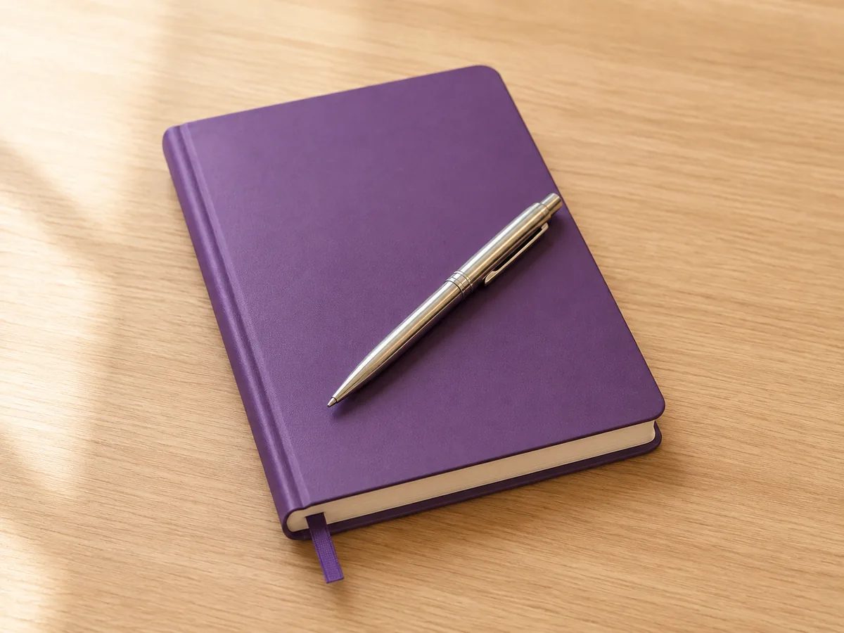A closed diary with a pen resting on it