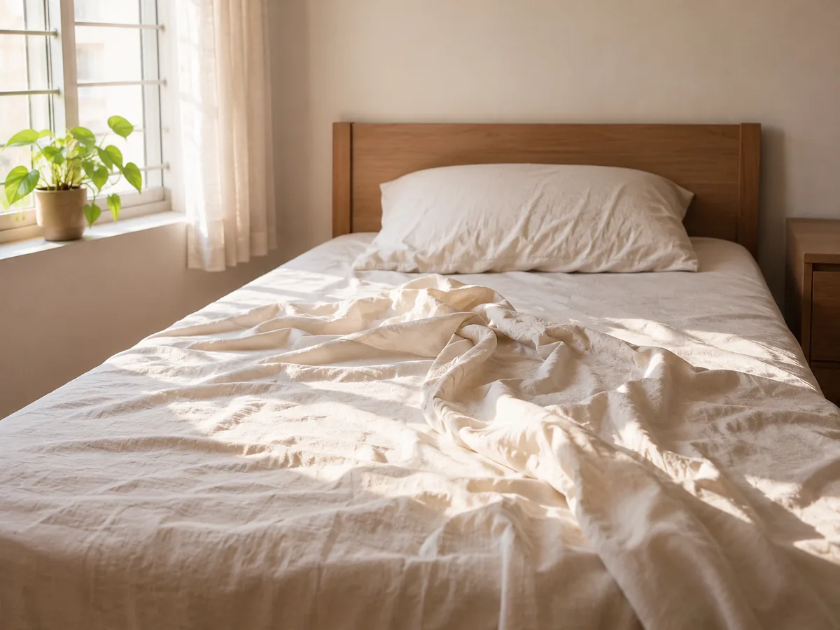 An unmade bed in flat morning light