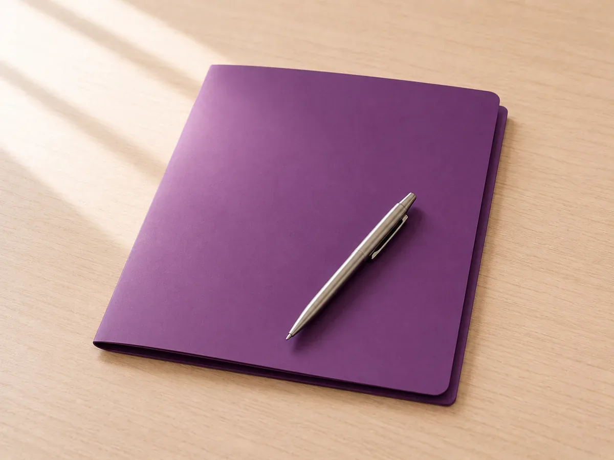 A closed folder with a pen resting across it