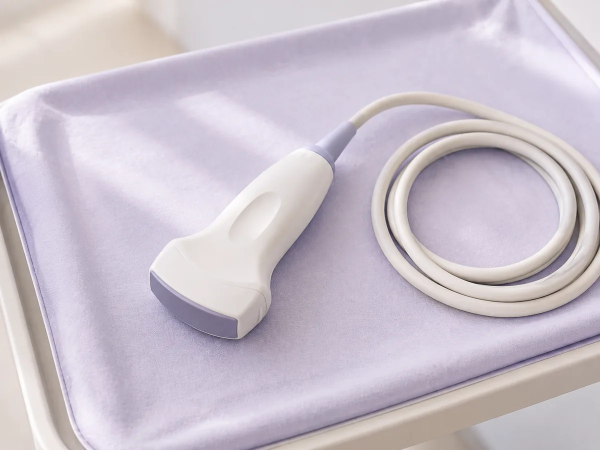 An ultrasound probe at rest on a covered tray