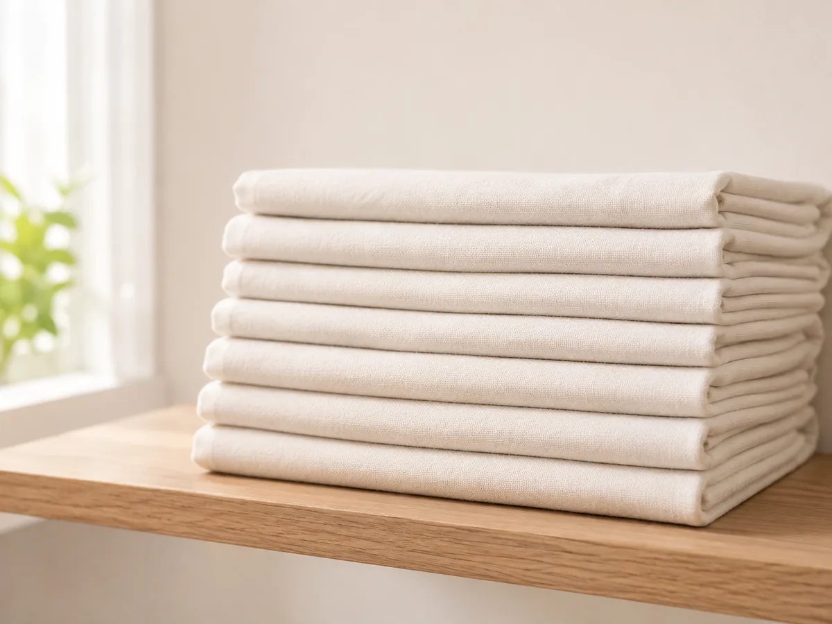 A stack of folded cloths on a shelf