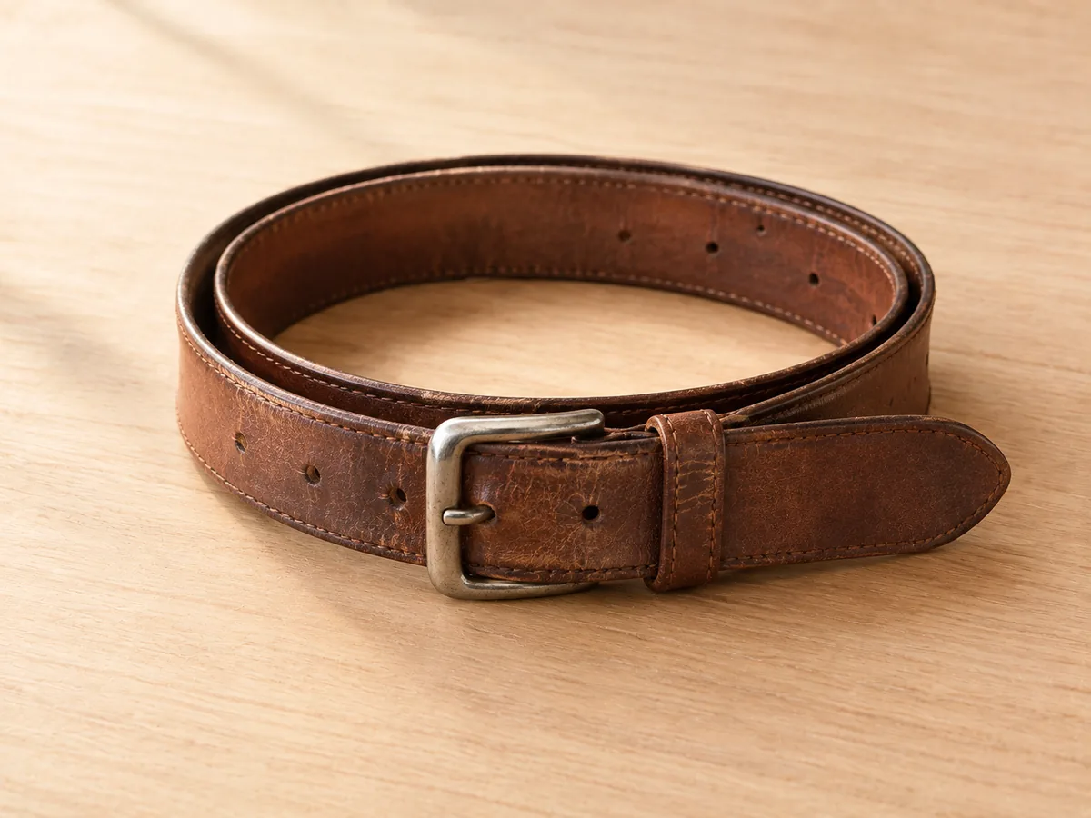 A worn leather belt coiled on a wooden surface