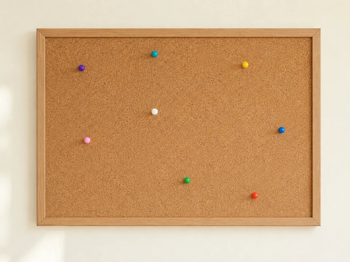 Scattered pins on a cork board with no pattern