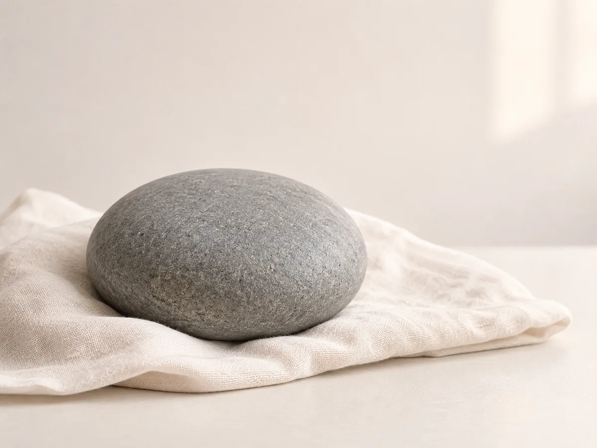 A smooth river stone resting on folded cloth