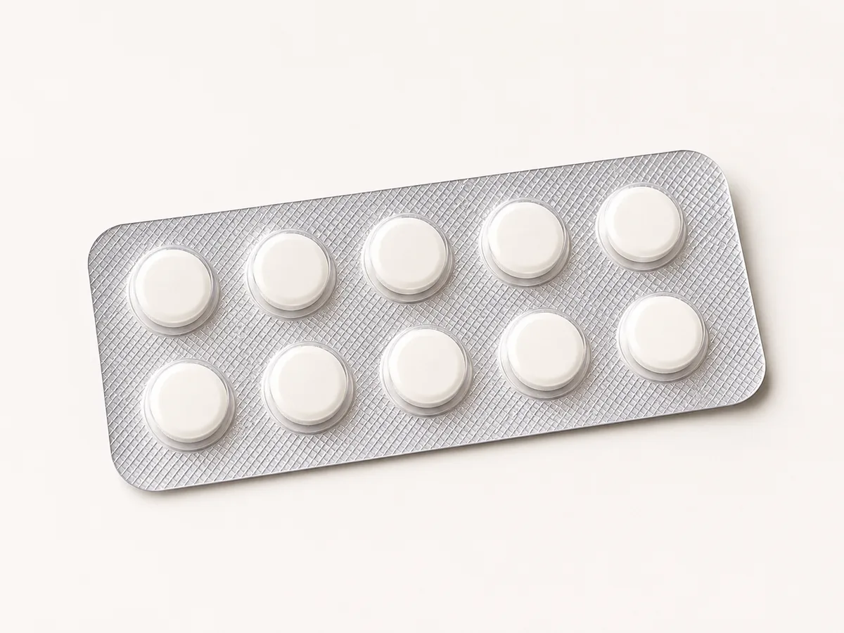 A plain tablet strip on a pale surface