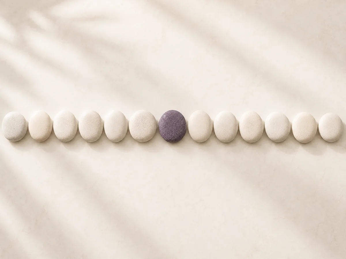 A line of pale pebbles with one darker stone exactly at the midpoint