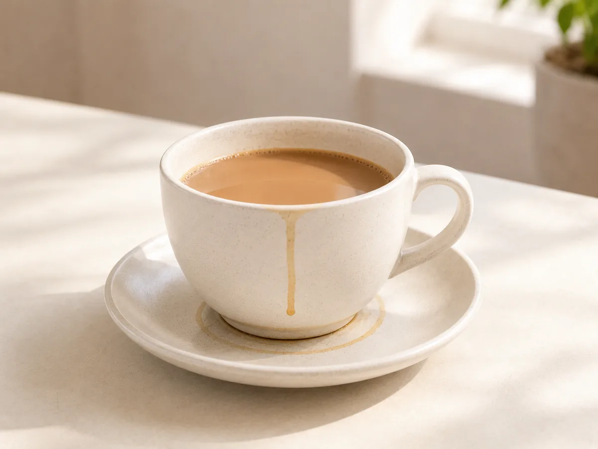 A cup of tea with a drip down the side