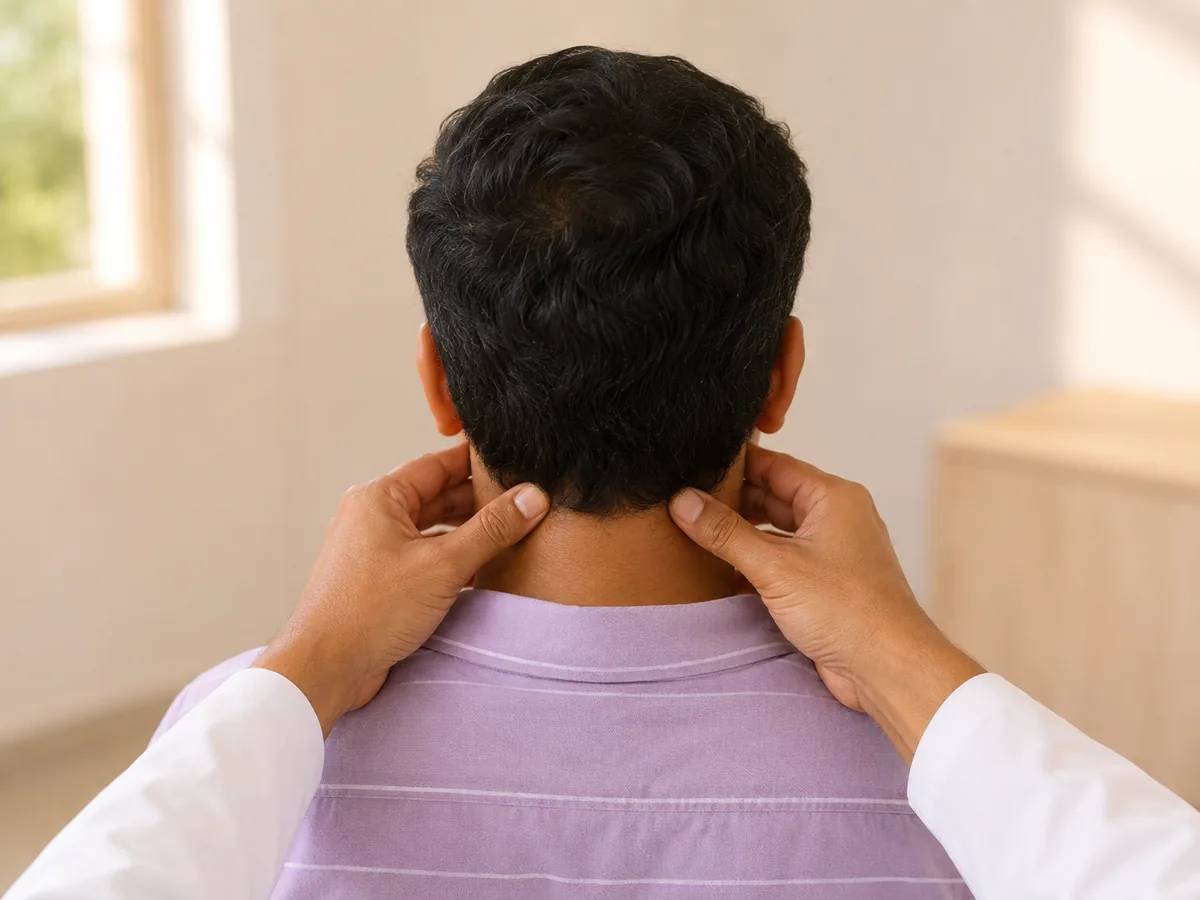 A jaw and neck examined by hand from behind