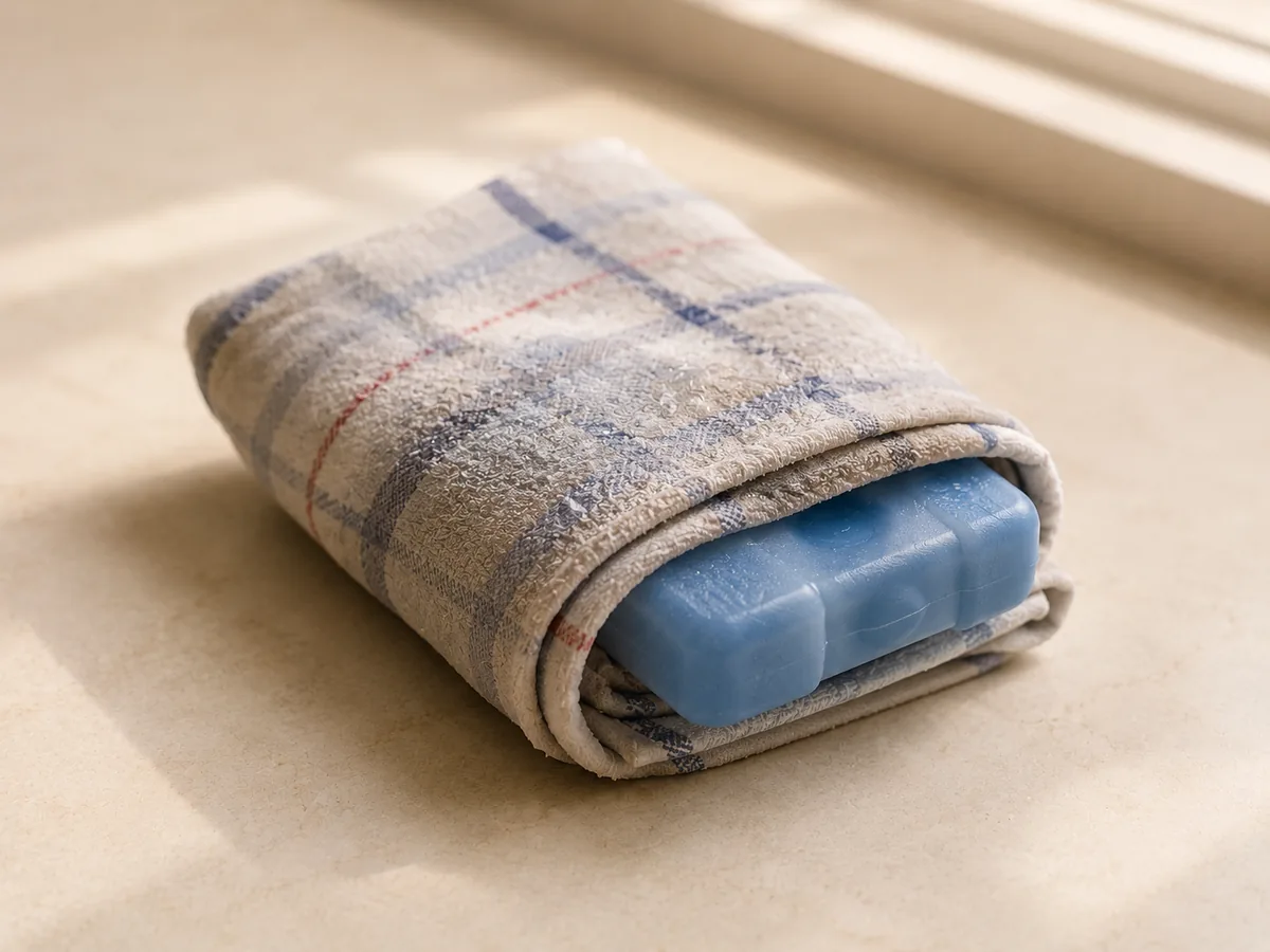 A cold compress folded on a kitchen table