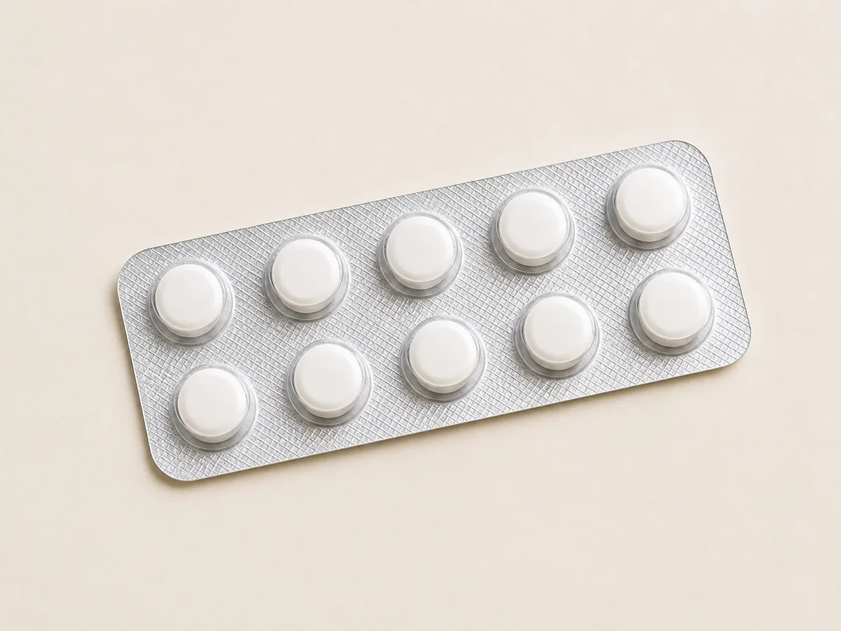 A plain tablet strip on a pale surface