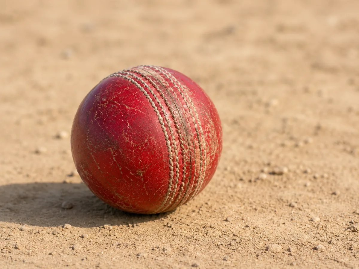 A cricket ball resting on dry ground