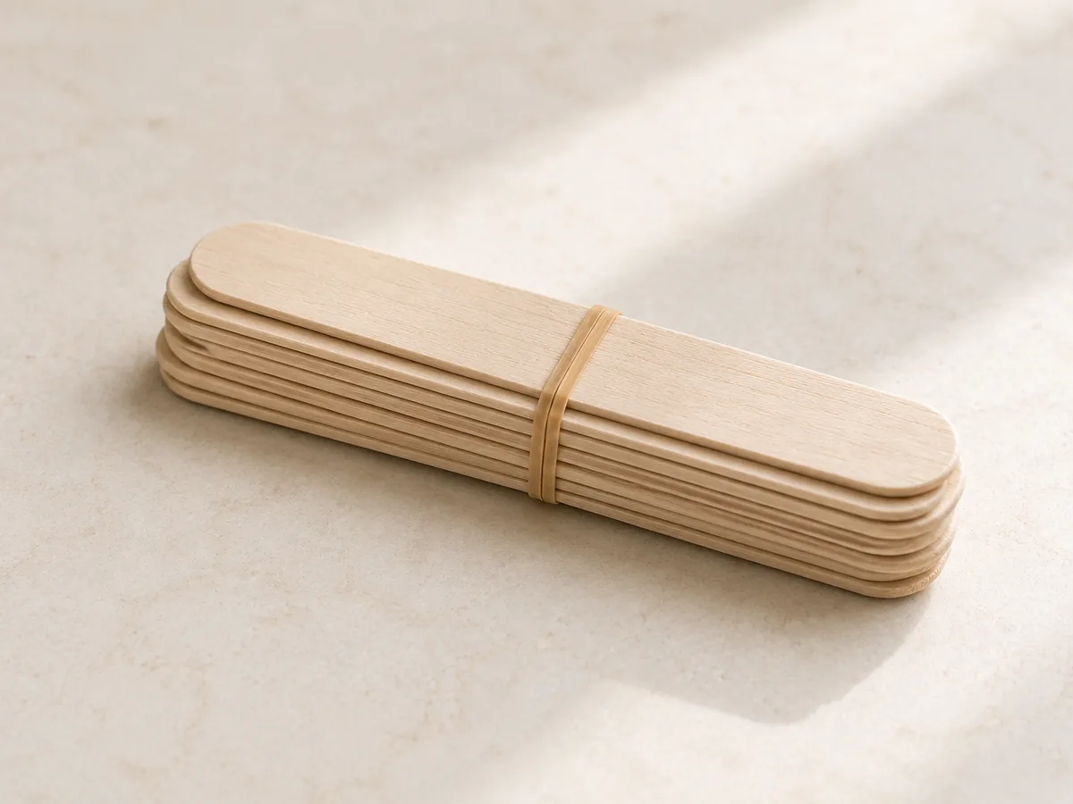 Stacked wooden spatulas, used for mouth-opening exercises
