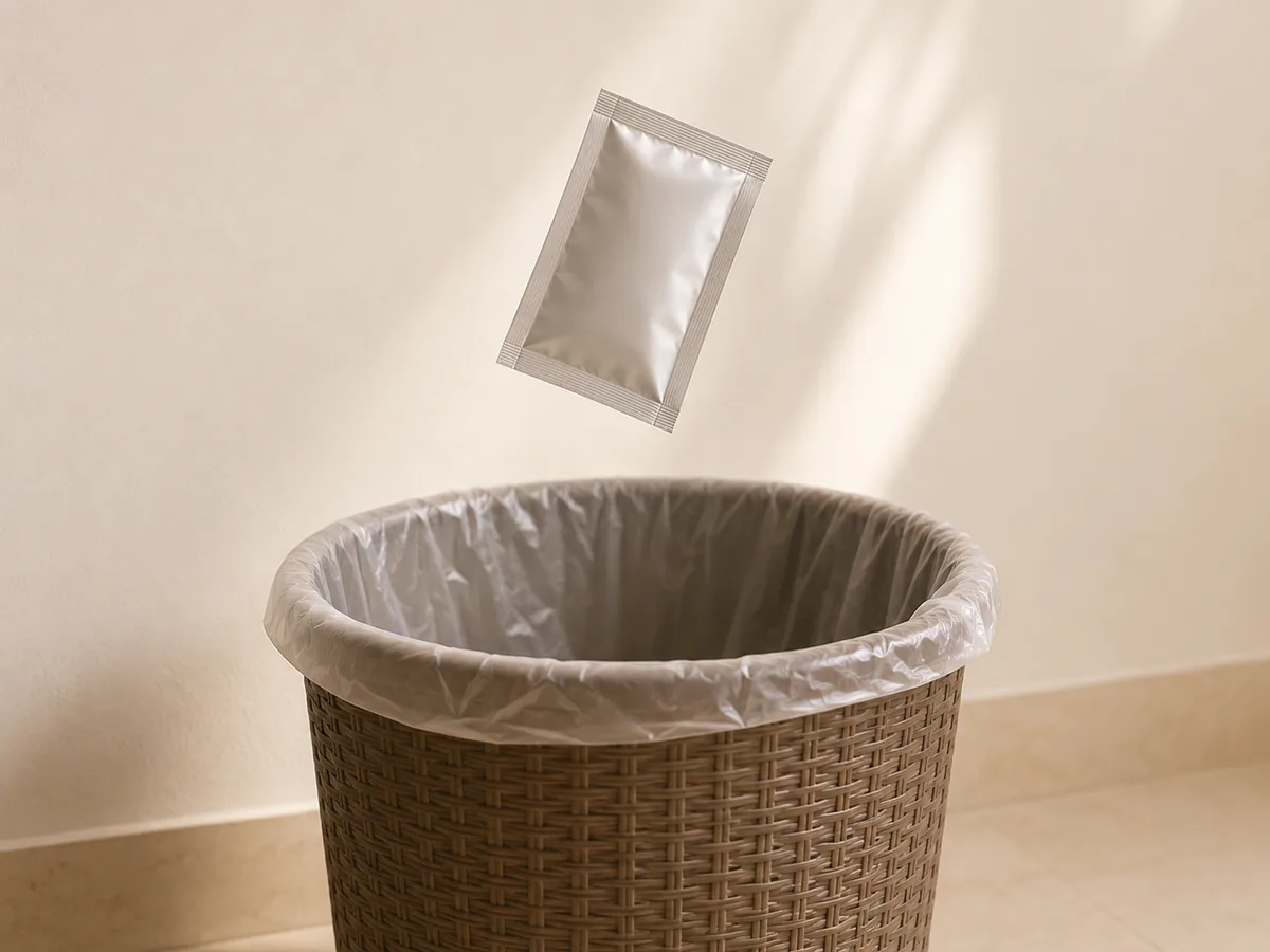 An unbranded sachet being dropped into a bin