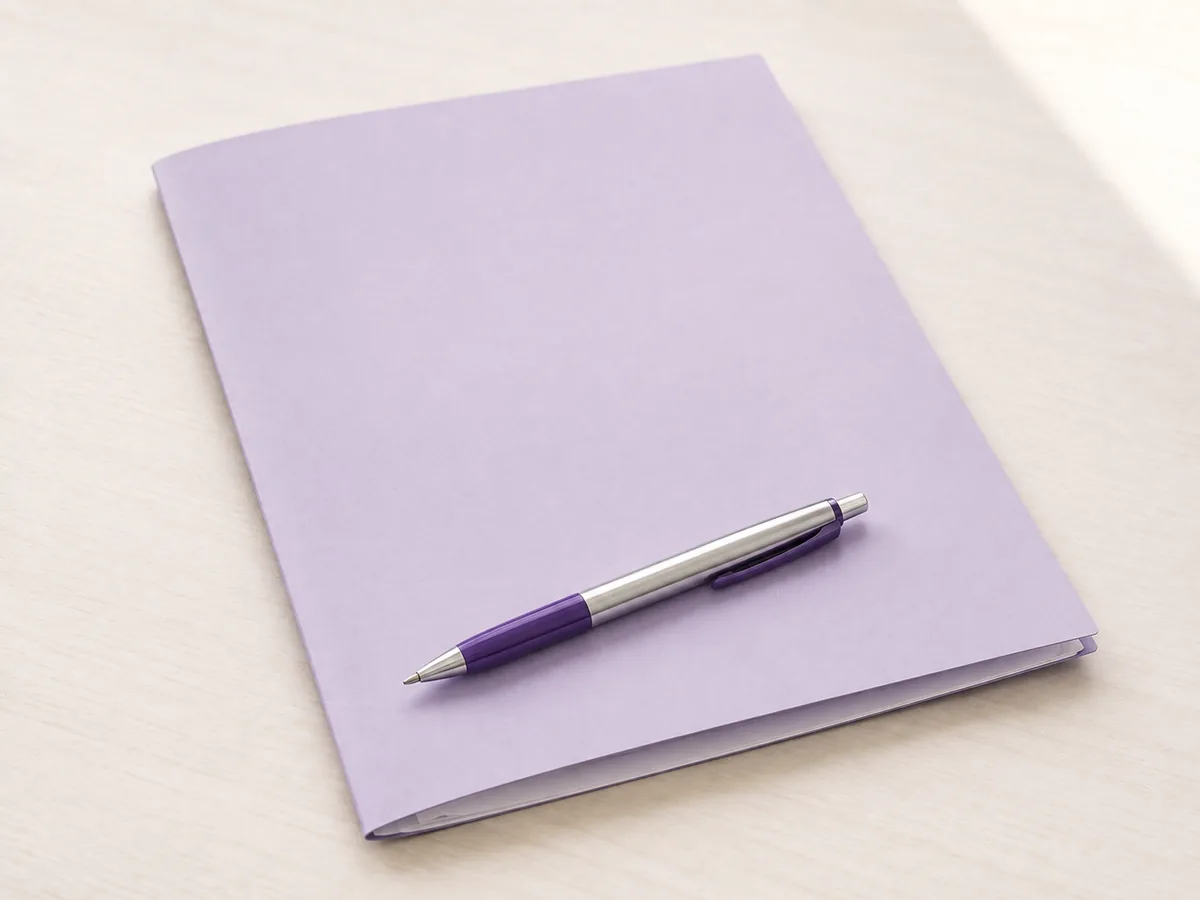 A closed folder with a pen resting across it