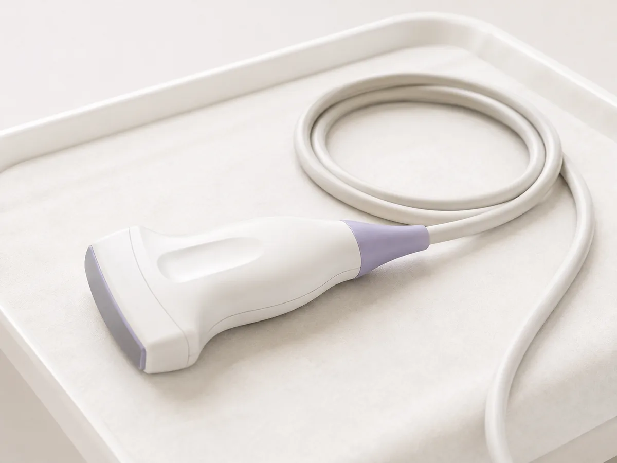 An ultrasound probe at rest on a covered tray