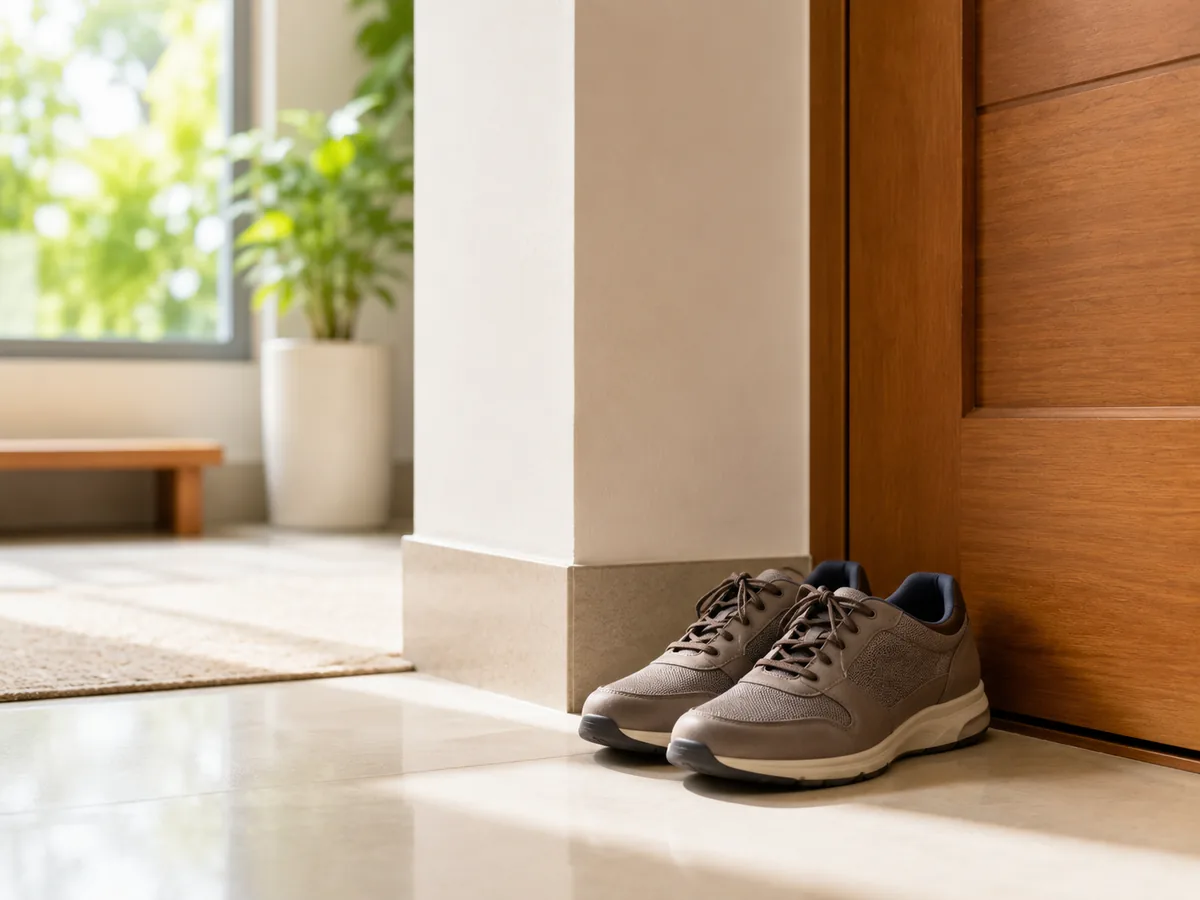 A pair of shoes left by the front door of a home
